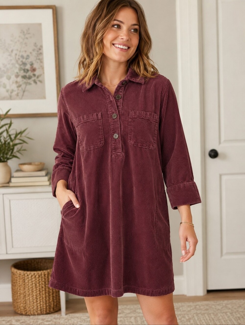 J.Jill Corduroy Shirt Dress Petite Large Brown Button Front Pockets
